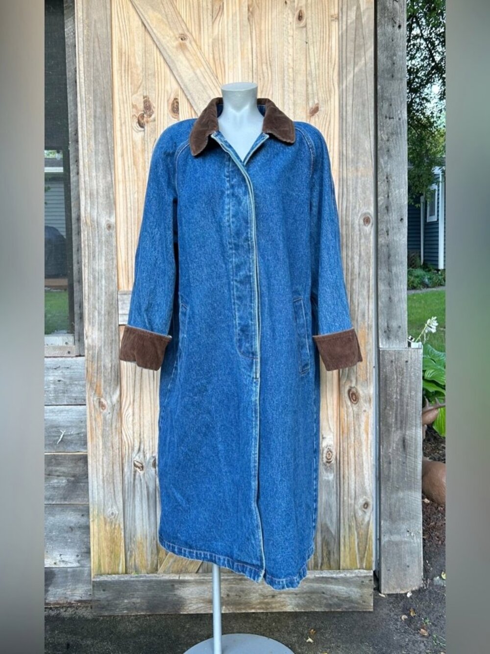 Vintage Retro 80s Long Blue Denim Corduroy Chore Western Duster Jacket~XL~